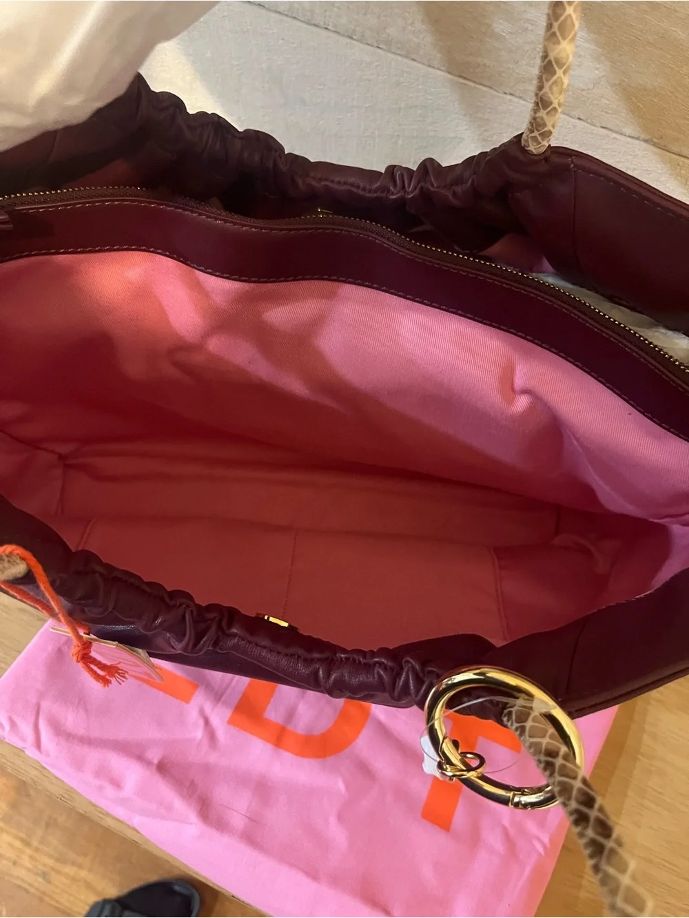 LDT Burgundy Hobo Tote with Braided Snakeskin Cream Handles NWT